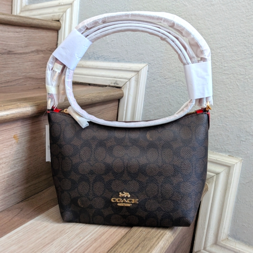 COACH CX610 Zip Top Shoulder Bag In Signature Canvas & Leather Walnut/Bold Red